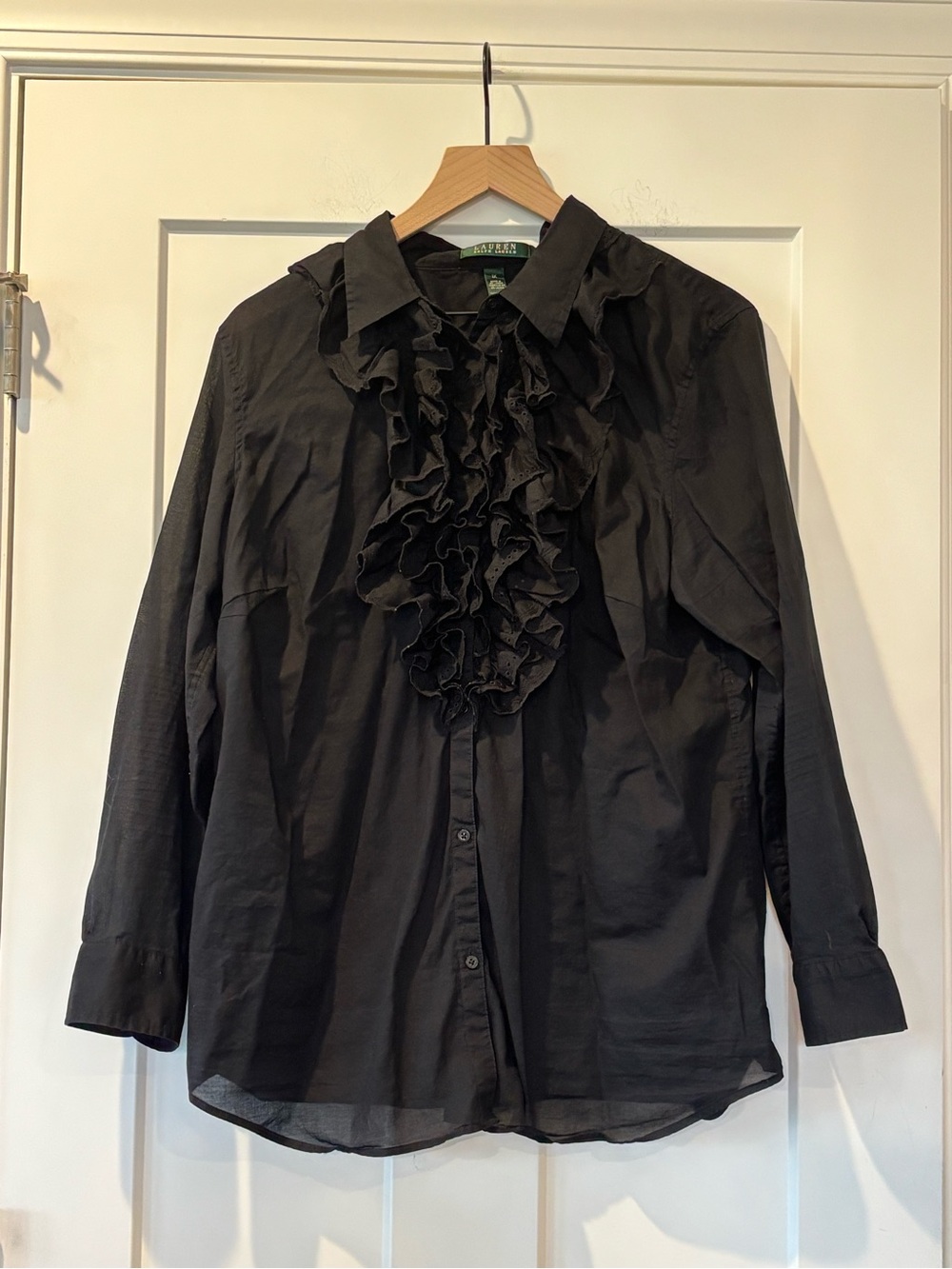 Lauren Ralph Lauren Plus 1X Black Ruffle Front Button Shirt Cotton Semi Sheer